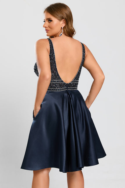 Robe Trapèze Bleu Marine Satin Perles Paillettes - gallery 6