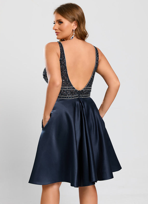 Robe Trapèze Bleu Marine Satin Perles Paillettes - gallery 6