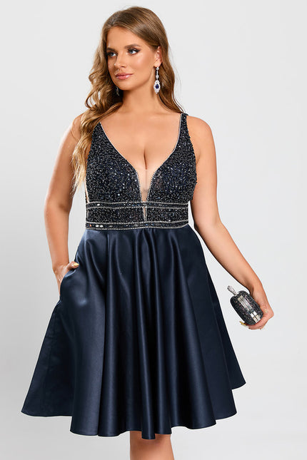 Robe Trapèze Bleu Marine Satin Perles Paillettes - gallery 8