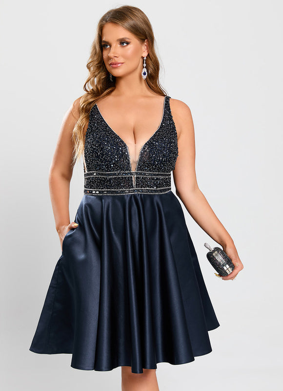 Robe Trapèze Bleu Marine Satin Perles Paillettes - gallery 8