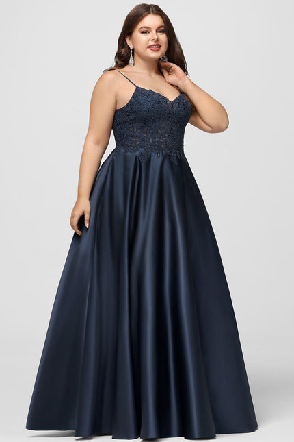 Robe Trapèze Bleu Marine Satin Dentelle Strass - gallery 7