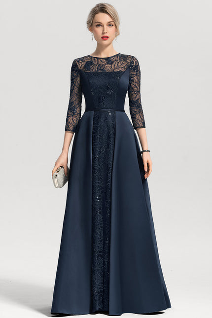 Robe Trapèze Bleue Marine Satin Dentelle Paillettes - gallery 4