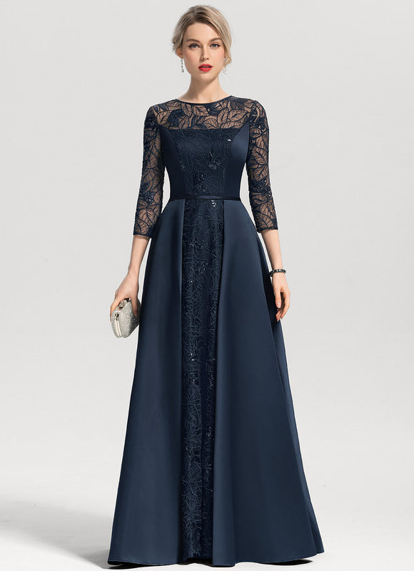 Robe Trapèze Bleue Marine Satin Dentelle Paillettes - gallery 4