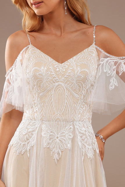 Robe Trapèze Blanche Dentelle Tulle Volants - gallery 2