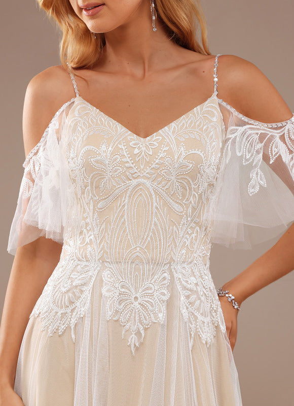 Robe Trapèze Blanche Dentelle Tulle Volants - gallery 2