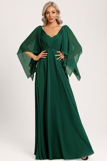 Robe Trapèze Verte Élégante Longue Mousseline