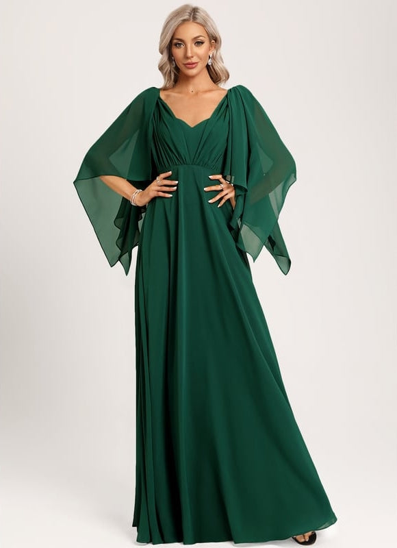 Robe Trapèze Verte Élégante Longue Mousseline