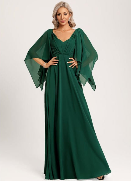 Robe Trapèze Verte Élégante Longue Mousseline
