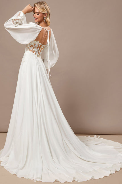 Robe Trapèze Blanche Dentelle Voile Balayage - gallery 6