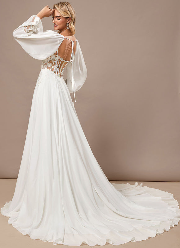 Robe Trapèze Blanche Dentelle Voile Balayage - gallery 6
