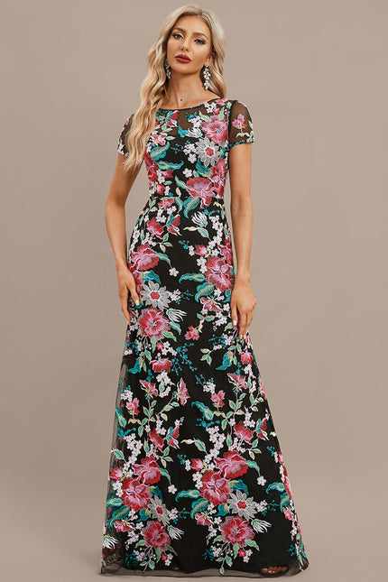 Robe Trapèze Noire Fleurie Satin Dentelle - gallery 5