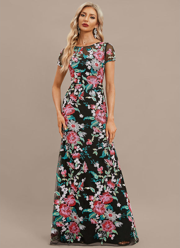 Robe Trapèze Noire Fleurie Satin Dentelle - gallery 5