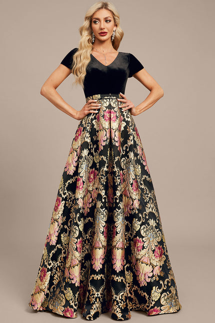 Robe Trapèze Velours Floral Noir - gallery 2