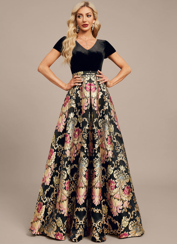 Robe Trapèze Velours Floral Noir - gallery 2