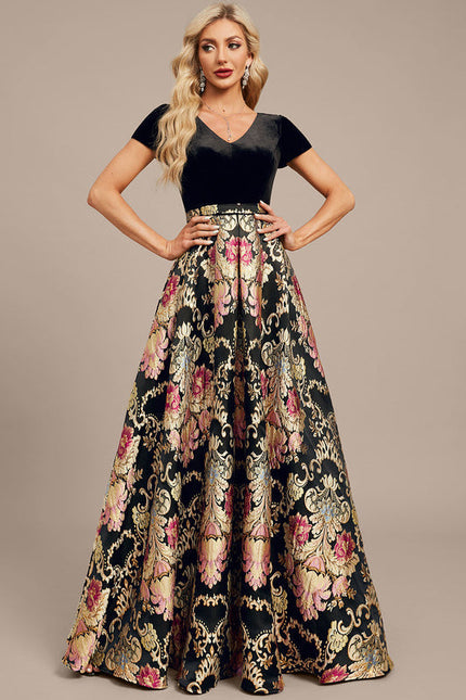 Robe Trapèze Velours Floral Noir - gallery 2