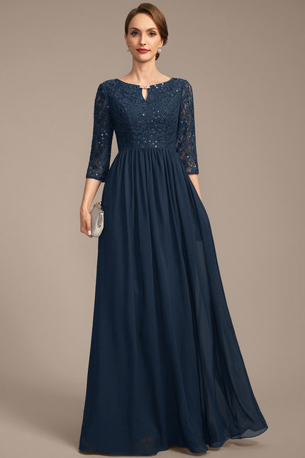 Robe Trapèze Bleu Marine Longue Dentelle Chandail Mariée - gallery 1
