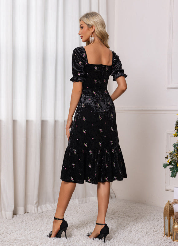Robe Trapèze Velours Floral Élégante - gallery 1
