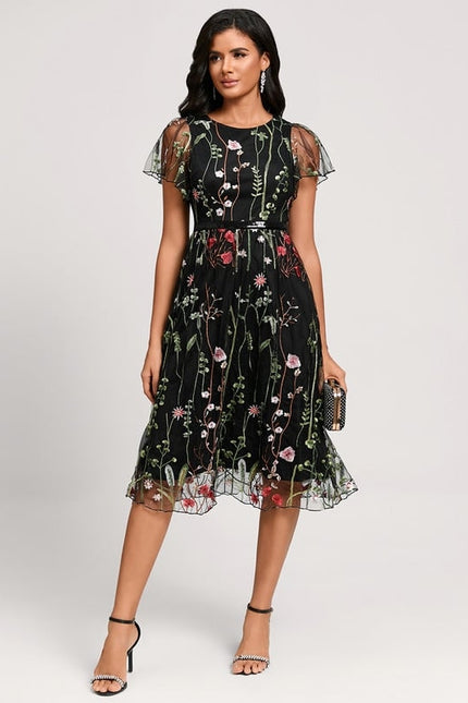Robe Trapèze Noire À Fleurs - gallery 1