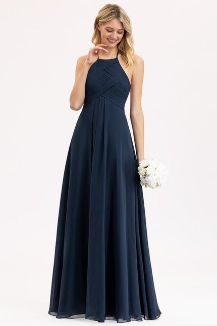 Robe Trapèze Bleu Marine Mousseline Plissée - gallery 7
