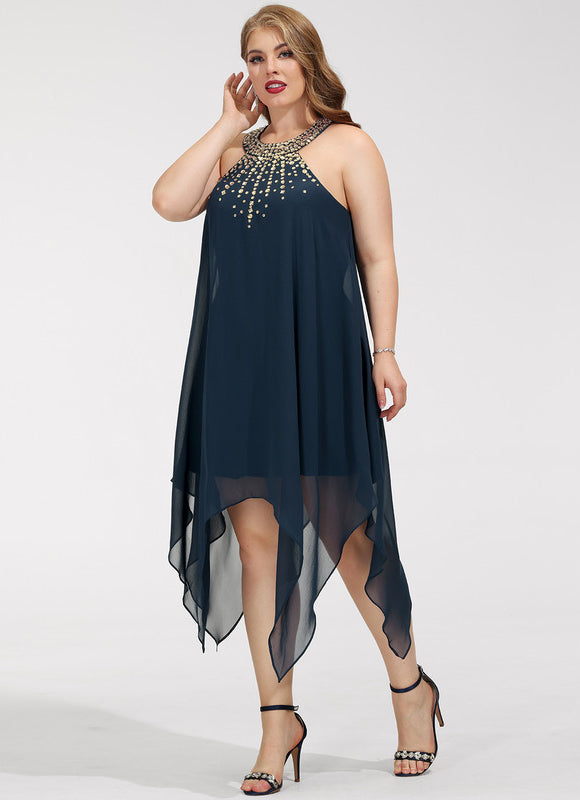 Robe Trapèze Bleue Navy Perlée Asymétrique - gallery 5
