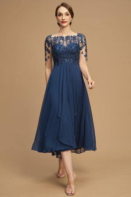 Robe Trapèze Bleu Marine Dentelle Mousseline - gallery 5
