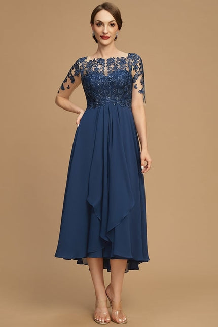 Robe Trapèze Bleu Marine Dentelle Mousseline - gallery 1