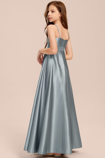 Robe Trapèze Bleu Satin Longue Avec Nœud - gallery 1
