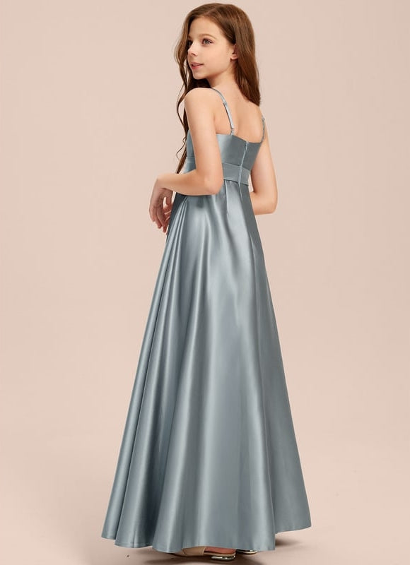 Robe Trapèze Bleu Satin Longue Avec Nœud - gallery 1