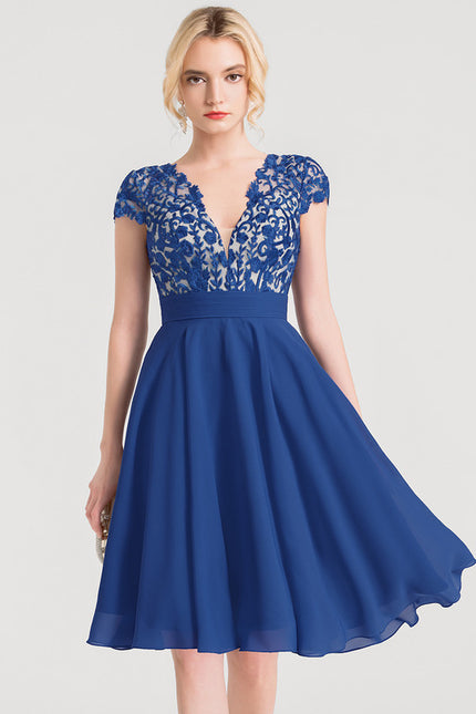 Robe Trapèze Bleue Dentelle Mousseline Volants