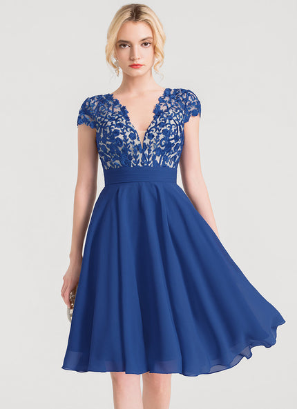 Robe Trapèze Bleue Dentelle Mousseline Volants