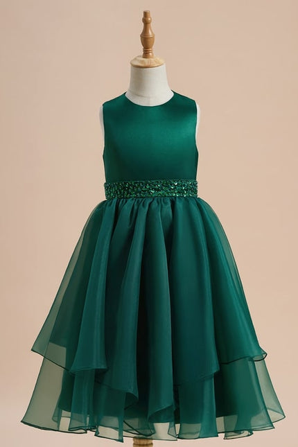 Robe Trapèze Vert Émeraude Mousseline Et Satin