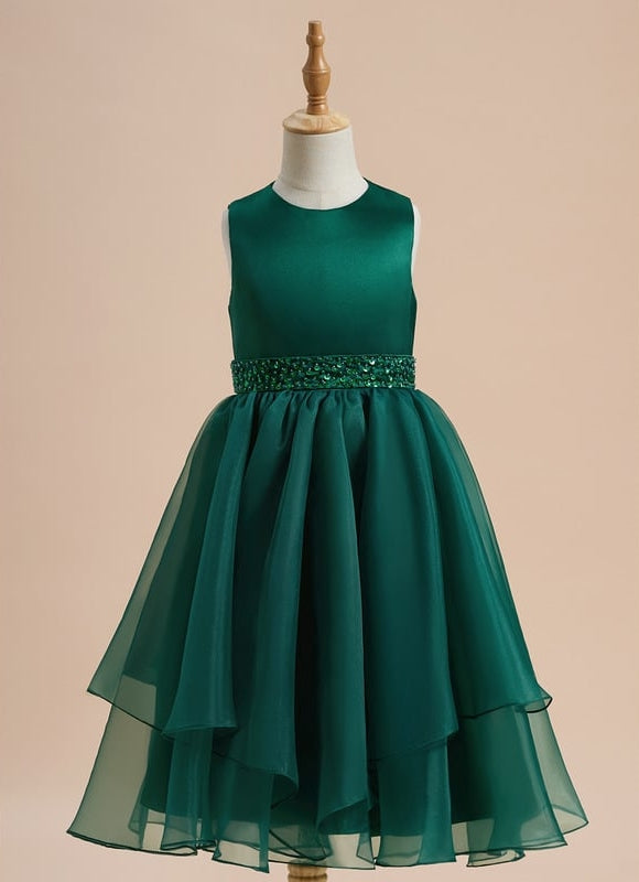 Robe Trapèze Vert Émeraude Mousseline Et Satin