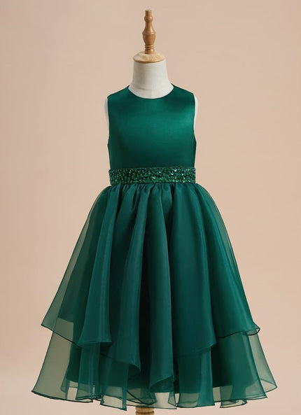 Robe Trapèze Vert Émeraude Mousseline Et Satin