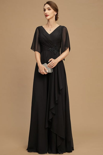 Robe Trapèze Noire Mousseline Longues Volants Paillettes - gallery 5