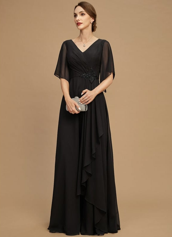 Robe Trapèze Noire Mousseline Longues Volants Paillettes - gallery 5