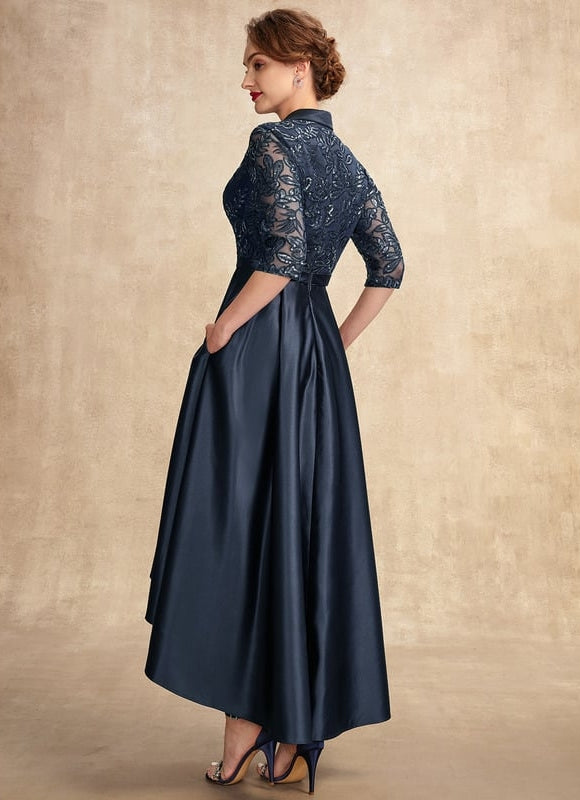 Robe Trapèze Bleue Satin Dentelle Paillettes - gallery 6