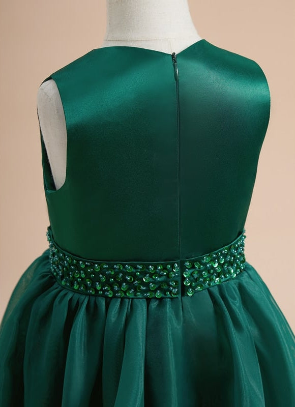 Robe Trapèze Vert Émeraude Mousseline Et Satin - gallery 5