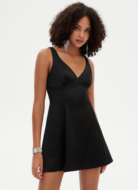 Robe Trapèze Mini Noir Satiné - gallery 2