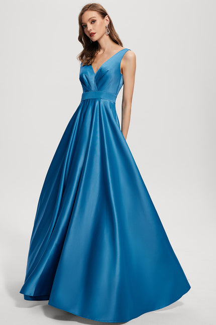 Robe Trapèze Bleu Satin Longue De Soirée
