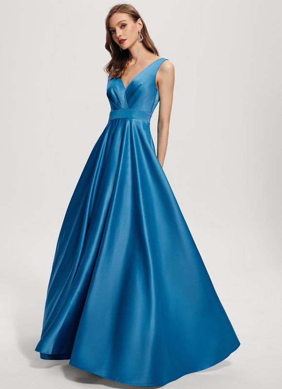Robe Trapèze Bleu Satin Longue De Soirée