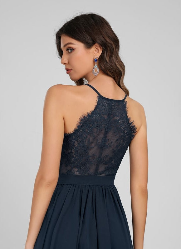 Robe Trapèze Bleue Marine Dentelle Mousseline - gallery 2