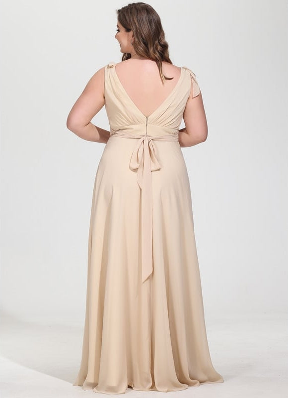 Robe Trapèze Beige Mousseline Avec Nœud - gallery 8