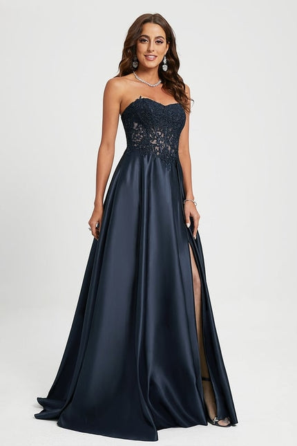Robe Trapèze Bleue Satin Dentelle Bal - gallery 1