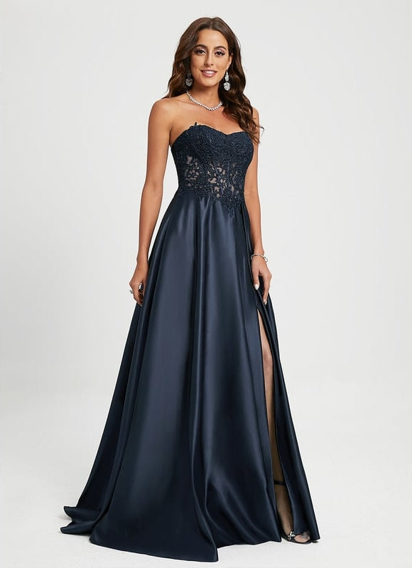 Robe Trapèze Bleue Satin Dentelle Bal - gallery 1