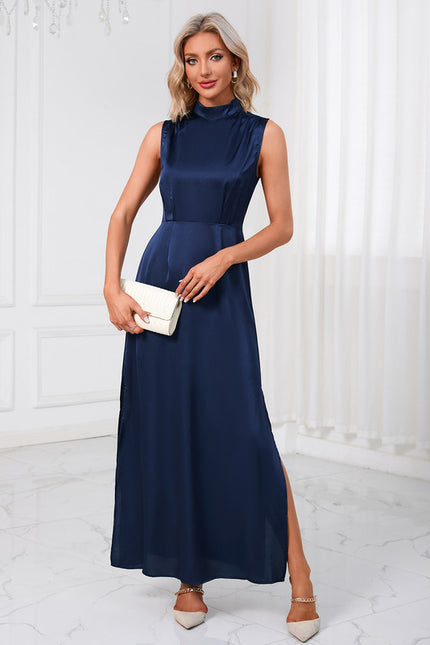 Robe Trapèze Satin Bleu Nuit - gallery 1