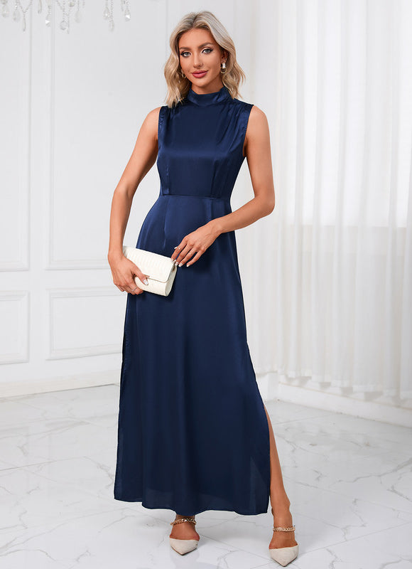 Robe Trapèze Satin Bleu Nuit - gallery 1