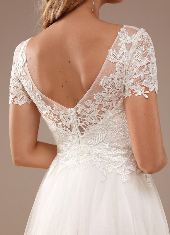 Robe Trapèze Blanche Mariage Tulle Dentelle - gallery 2
