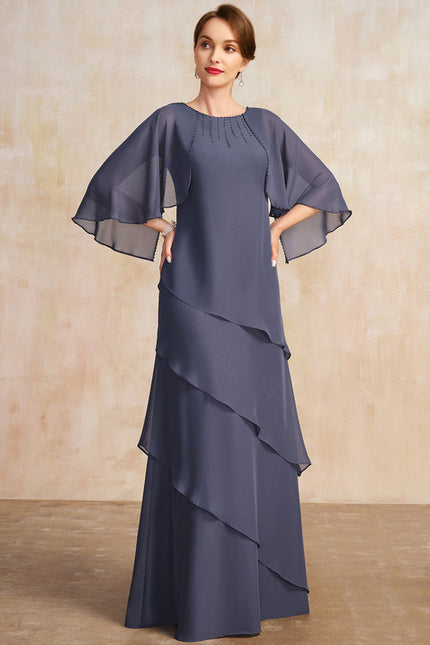Robe Trapèze Bleue Marine Longue Avec Perles - gallery 4