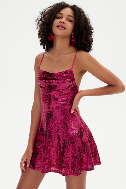 Robe Trapèze Pailletée Fuchsia - gallery 4