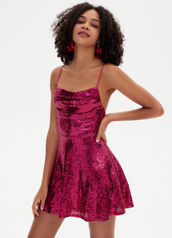 Robe Trapèze Pailletée Fuchsia - gallery 4